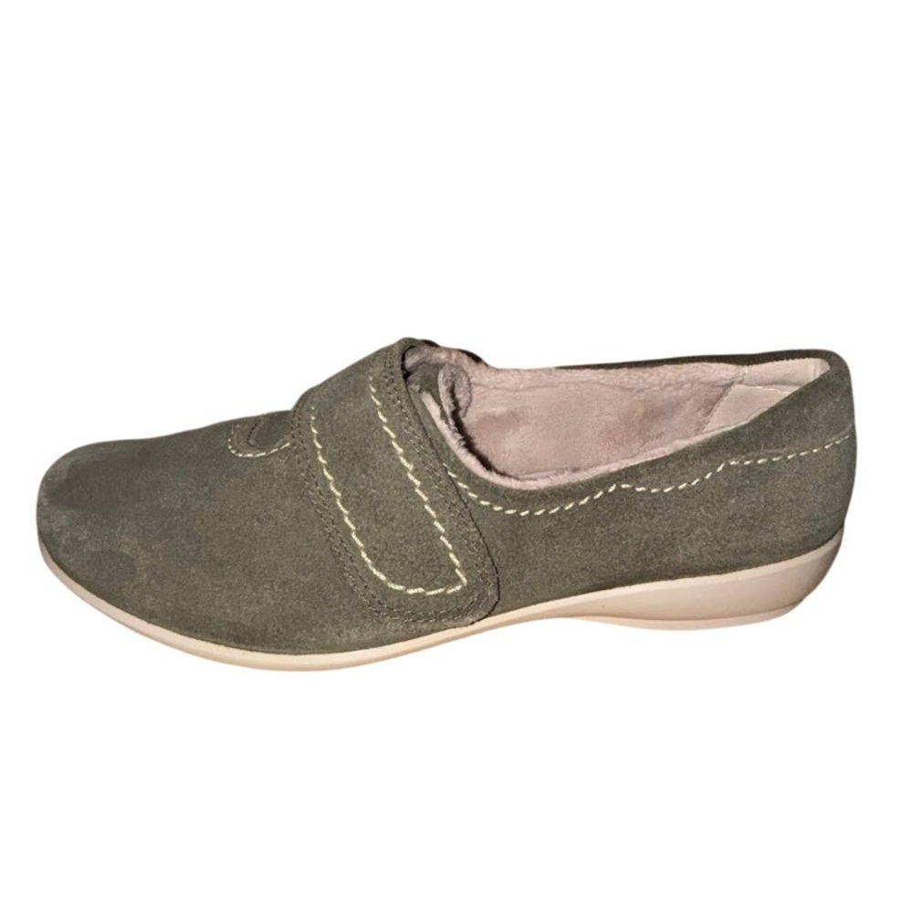 Hotter Toasty Slippers Women 8 Green Suede Hook Loop Faux Fur Lined Comfort Chic
